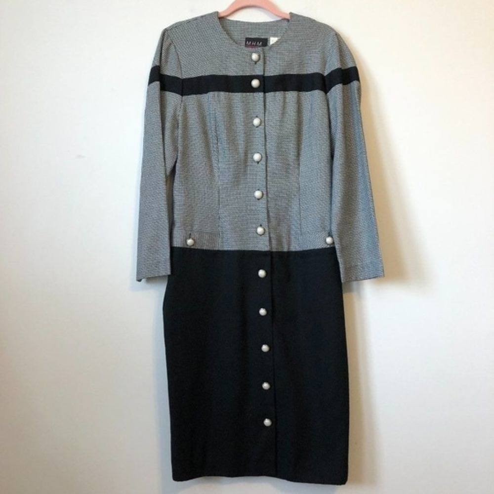 MHM Melissa Harper‎ Vintage Houndstooth Colorblock Button Front Dress Sz 10